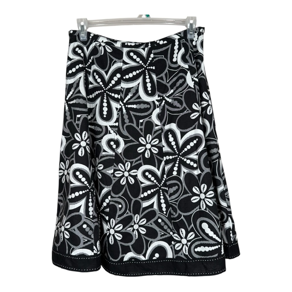 Carole Little Black & White Floral Print A-Line Linen Blend Midi Skirt Size 12